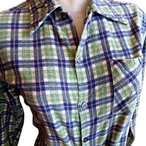 Vintage 1970s Womens Flannel Shirt XS Green All Cotton Mod Indy MCM Big Collar